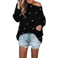 QIBOOG Teen Women Girl Long Sleeve Casual Loose Sleeve Cotton Star Pattern Sweat T-Shirt Blouses Off Shoulder Tops (Black, XXXL)