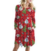 BBFairy Women’s Printed Crew Neck A-Line Dresses with Pockets Casual Santa Claus Print Christmas Patterns Red