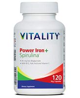 VITALITY Power Iron + Spirulina | 45mg Iron | Blood Builder | Iron Deficiency Support | Vegan | All Natural Supplement | Gentle on Stomach | 120 Capsules