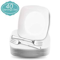 Disposable Square Dessert Plate set-White Pearl Plastic Plates with Silver Forks Cutlery-Party Essentials Appetizer Plates for Weddings,Birthdays,Christmas & Parties-40 Servings Plastic Dessert Plates