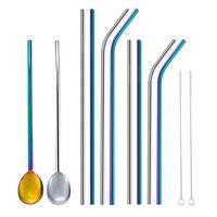 Extra Long Drinking Straws Set, Stainless Steel Straws Eco-Friendly Reusable Straight Bent Straw Spoon Pipette Beverage Coffee Spoon Kitchen Bar Tools (A)