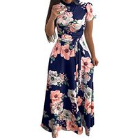 Women Short Sleeve Floral Casual Dress Ladies Evening Party Maxi Dress Black