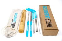 CurrentStraw Family Set - Premium Eco-Friendly Stainless Steel Reusable Straws, Includes 4 Metal Straws + 2 Straight Silicone Tips + 2 Curved Tips + Handcrafted Bamboo Travel Case + Stylish Pouch
