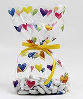 Rainbow Hearts Watercolor Cellophane Treat Party Favor Bags with Grosgrain Ribbon Ties. Pack of 10 Large Goodie Gift Bags for Birthday Parties, Baby & Bridal Showers. Pink, Yellow, Blue, Green, Purple
