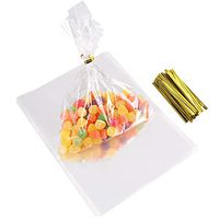 BESTONZON 100pcs Clear Treat Bags/Cellophane Goody Bags,with 100pcs Golden Twist Ties,Suitable for Bakery,Cookies,Candies(7.87 x 5.9 x 0.59 inch)
