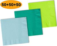 150 Beverage Napkins, Pastel Blue, Teal, Lime Green - 50 Each Color. 2 Ply Paper Cocktail Napkins. 5" folded, 10" unfolded.