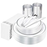 Oyeye 200PCS Silver Plastic Plates, Disposable Silverware, Silver Cups & Hand Napkins, Silver Rim Plastic Tableware include 25 Dinner Plates,25 Salad Plates, 50 Forks, 25 Knives, 25 Spoons, 25 Tumbler