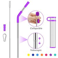 Collapsible Telescopic Straw Reusable Drinking Straws,Portable Stainless Steel Metal Straw Folding Final with Carrying Case&Cleaning Brush Keychain Carabiner&Silicone Tips for Travel-Purple