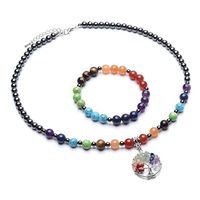 Top Plaza 7 Chakra Reiki Healing Crystals Natural Gemstone Beads Hematite Black Metal Magnetic Therapy Elastic Bracelets Necklaces Set