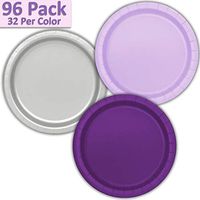 96 Paper Dinner Plates (9") - Lavender, Silver, Deep Purple - 32 Per Color, 3 Colors - Great Assortment for Birthday Parties, Weddings, Holidays, Baby Shower, Celebrations, and more