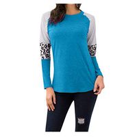 ◆ HebeTop ◆ Women Striped Lepord Patch Baseball Long Sleeve T-Shirt Plus Size Tee Top Shirt Korean Casual Basic Clothes Sky Blue