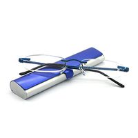 EYE-ZOOM Metal Rimless Reading Glasses with Spring Hinge Lightweight Slim Navy Blue and Silvery Aluminum Case Reader for Comfort Fit Men and Women Choose Your Magnification +1.50