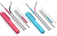 Asobu Reusable Metal and Silicone Straw with Cleaning Brush and Case (Red black/blue pink)
