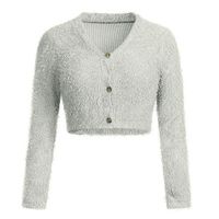 Tomppy Women V-Neck Sweater Cardigan Ladies Long Sleeve Button-Down Sweater Crop Tops Gray
