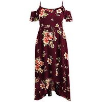 Danhjin Women's Plus Size Women's V-Neck Hollow Sling Print Pleated Irregular Hem T-Shirt Wine