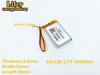 1.25mm 3 Thread 3.7V 500mAh 562438 Lithium Polymer Ion Rechargeable Battery Lithium 3lines Polymer Li-Po Battery for MP4 GPS MP3 Bluetooth Stereo DIY Gift