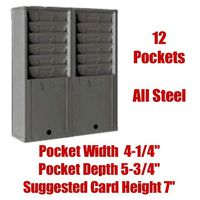 Steel Time Card Holder Rack, 12 Time Card Slots for 7" Tall Cards, Model 176dbl6- Gray