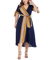 Graceful Plus Size Dress large size women's summer striped stitching fat MM skirt short sleeve dress (1XL)