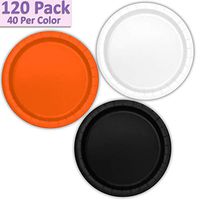 120 Paper Dessert Plates (7") - White, Orange, Black - 40 Per Color, 3 Colors - Great Assortment for Birthday Parties, Weddings, Holidays, Baby Shower, Celebrations, and more