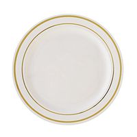 BalsaCircle 30 pcs 8-Inch Ivory with Gold Trim Plastic Round Plates - Disposable Wedding Party Catering Tableware