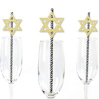 Gold Glitter Star of David Party Straws - No-Mess Real Gold Glitter Cut-Outs & Decorative Hanukkah Paper Straws - Set of 24