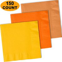 150 Lunch Napkins, Sunshine Yellow, Pumpkin Orange, Autumn Orange - 50 Each Color. 2 Ply Paper Dinner Napkins. 6.5" folded, 13.5" unfolded.