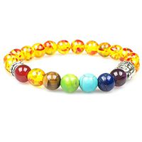 PWMEN Jewelry,7 Chakras Gemstone Bracelet Lava Stone Reiki Healing Balancing Round Beads(Amber)