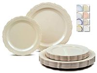 " OCCASIONS" 120 Plates Pack,(60 Guests) Vintage Wedding Party Disposable Plastic Plates Set -60 x 10'' Dinner + 60 x 7.5'' Salad/Dessert (Verona Plain Ivory)