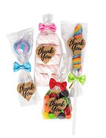 Treat Bags Clear Plastic Cello Type, 20 Party Favor Bag with 20 Twist Ties Bows and 20 Thank You Stickers You can use Them as a Goodie Bag or Fill with Candy Buffet Lollipop (20ct 2 ½ x ¾ x 6 ½)