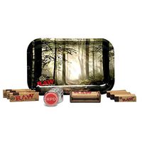 RAW Rolling Tray Small (Smokey Forest), Natural 1 1/4 Rolling Papers (3 Packs), 79mm Cigarette Roller, Tips (3 Packs), and Rolling Paper Depot 42mm 4 Piece Grinder - 9 Items - Bundle