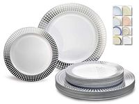 " OCCASIONS" 120 Plates Pack,(60 Guests) Premium Wedding Party Disposable Plastic Plates Set -60 x 10.25'' Dinner + 60 x 7.5'' Salad/Dessert (Princess White/Silver)