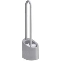 Aplus Toilet Bowl Brush Set Stand Scrubber and Holder Curving Grip Canddy Modern Design Bathroom Cleaning Long Slim Handle Bristles Wand Toilet Cleaner Compact Size Saving Room ABS Plastic Light Grey