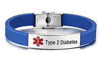 JF.JEWELRY Pre-Engraved Type 2 Diabetes Medical Alert ID Bracelet for Men Women Silicone Band Adjustable-Blue