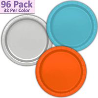 96 Paper Dinner Plates (9") - Aqua, Silver, Orange - 32 Per Color, 3 Colors - Great Assortment for Birthday Parties, Weddings, Holidays, Baby Shower, Celebrations, and more