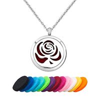 LilyJewelry Four-Leaf Clover Rose Flower Aromatherapy Essential Oil Diffuser Necklace Pendant Stainless Steel Locket Necklace with 12 Refill Pads (Rose Flower 2)
