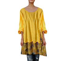 Amlaiworld Women Plus Size Blouse Tunic Shirt Vintage Patchwork Irregular Hem Print Top T-Shirt Dress Shirt Yellow
