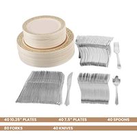 Party Bargains Disposable Plastic Plates Ivory Gold | Heavyweight & Premium Quality China Like Dinnerware Lace Collection | Plastic Silverware Set for Weddings, Fine Dining and Parties | 240 Counts