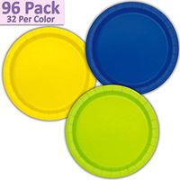 96 Paper Dinner Plates (9") - Royal Blue, Neon Yellow, Neon Green - 32 Per Color, 3 Colors - Great Assortment for Birthday Parties, Weddings, Holidays, Baby Shower, Celebrations, and more