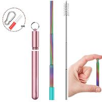 Collapsible Reusable Straws,Portable Telescopic Stainless Steel Metal Drinking Foldable Straw with Carrying Case Cleaning Brush Silicone Tips Keychain (Rose Gold-Rainbow)