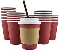 100 Pack - 12 Oz [16 Oz] [4 Colors] Disposable Hot Paper Coffee Cups, Lids, Sleeves, Stirring Straws - Cranberry Red