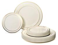 " OCCASIONS" 600 Pcs Set / 120 Guest Wedding Disposable Plastic Plate and Silverware Combo Set, 120 x 9'' Luncheon + 120 x 6.25'' Dessert plates + Silverware- (Ivory w/Gold Rim)