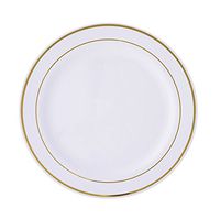 BalsaCircle 30 pcs 8-Inch White with Gold Trim Plastic Round Plates - Disposable Wedding Party Catering Tableware