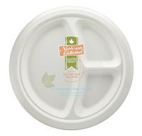 Eco-Friendly 100% Compostable Sugarcane/Bagasse Heavy Duty Plates, FDA Approved, 10 Inch, 3-Compartment Round Plate, 50 Count