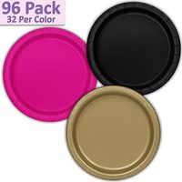 96 Paper Dinner Plates (9") - Black, Neon Pink, Gold - 32 Per Color, 3 Colors - Great Assortment for Birthday Parties, Weddings, Holidays, Baby Shower, Celebrations, and more