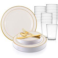 360 Piece Elegant Disposable Plastic Dinnerware Set for 60 Guests - Fancy Gold Rimmed White Dinner Plates, Dessert Plates, Silverware Set & Party Cups For Wedding, Easter, Birthday & All Occasions