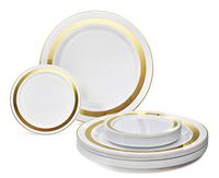 " OCCASIONS" 240 Plates Pack, Heavyweight Premium Disposable Plastic Plates Set 120 x 10.5'' Dinner + 120 x 6.25'' Dessert/Cake Plates (Soleil White & Gold)