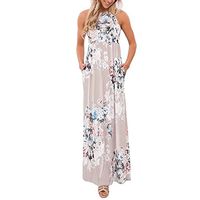 HebeTop Maxi Dress, Women Casual Floral Boho O Neck Sleeveless Flowy Pleated Beach Long Dress Beige