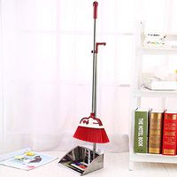 Dustpan and Broom—Stainless Steel Rods,Long Handle Dustpan and Bristle Brush Set, Lobby Dust Pan Stand Upright Up Broom,for Home Floor Cleaning Use,Red