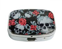 XUTAI Custom Personalized Square Stainless Steel Silver Glass Travel Pill Case Vitamin Decoration Box (Grunge Human Skulls and Vintage Roses)