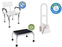 Vaunn Medical Shower Chair with Arms, Bathtub Safety Rail Grab Bar and Foot Step Stool Bundle